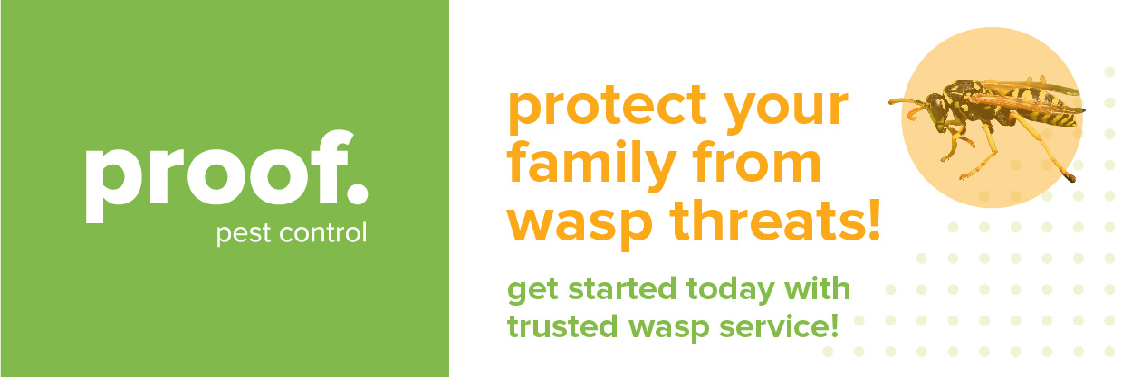call to action featuring the words proof. pest control. protect your family from wasp threats! get started today with trusted wasp service! alongside a yellow jacket in an orange circle