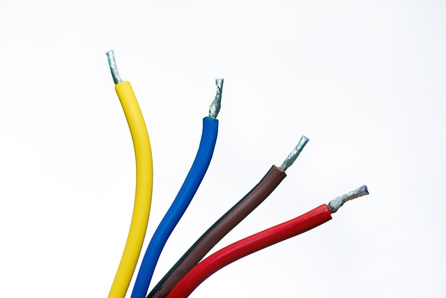 Yellow, blue, brown, and red wiring with the inner wiring exposed