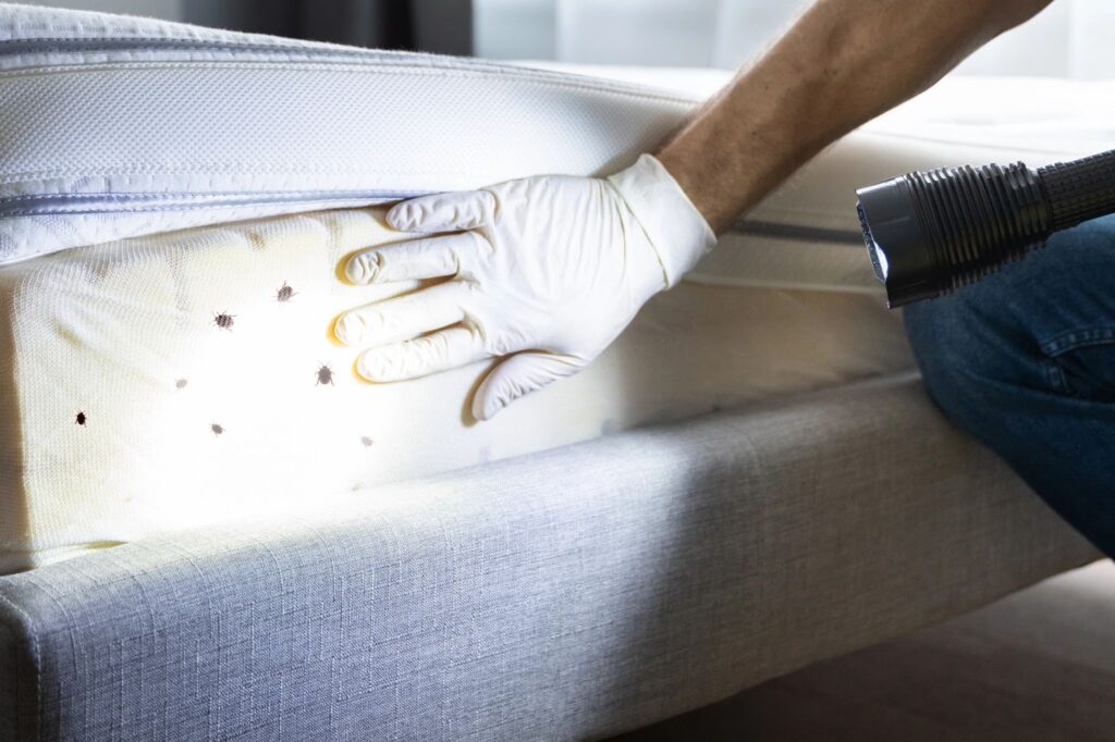 Bed bug extermination service inspecting bed prior to extermination and bed bug control.