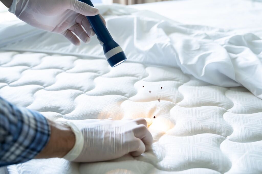 A bed bug pest control company inspecting bedding.